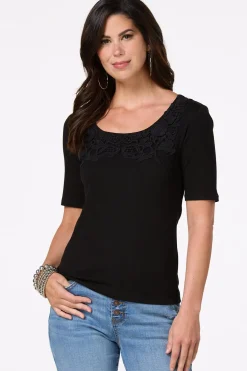 Cato Ribbed Crochet Trim Top> Tops