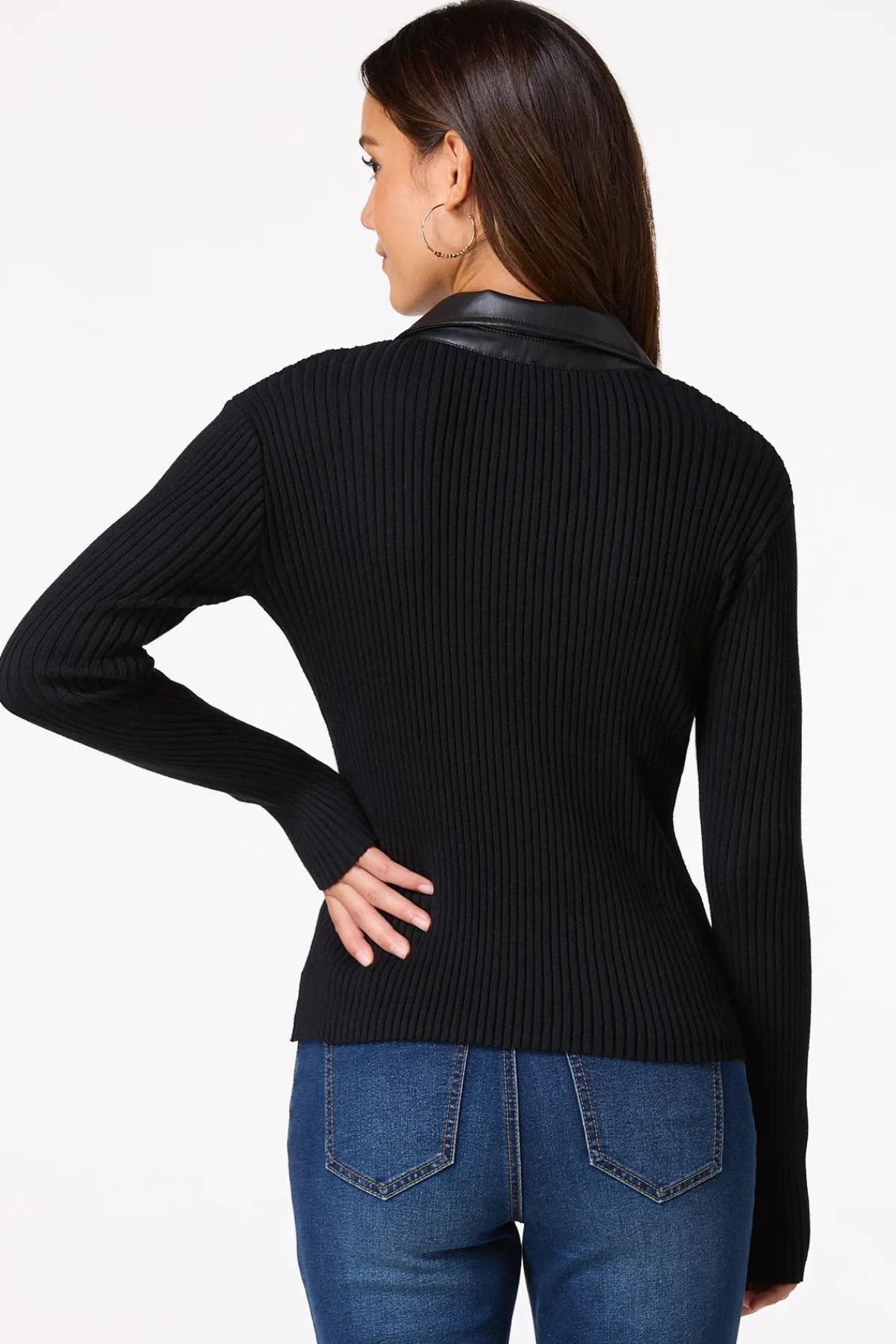 Cato Ribbed Faux Leather Collar Sweater> Sweaters