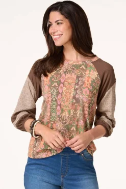 Cato Ribbed Mixed Print Baseball Top> Tops