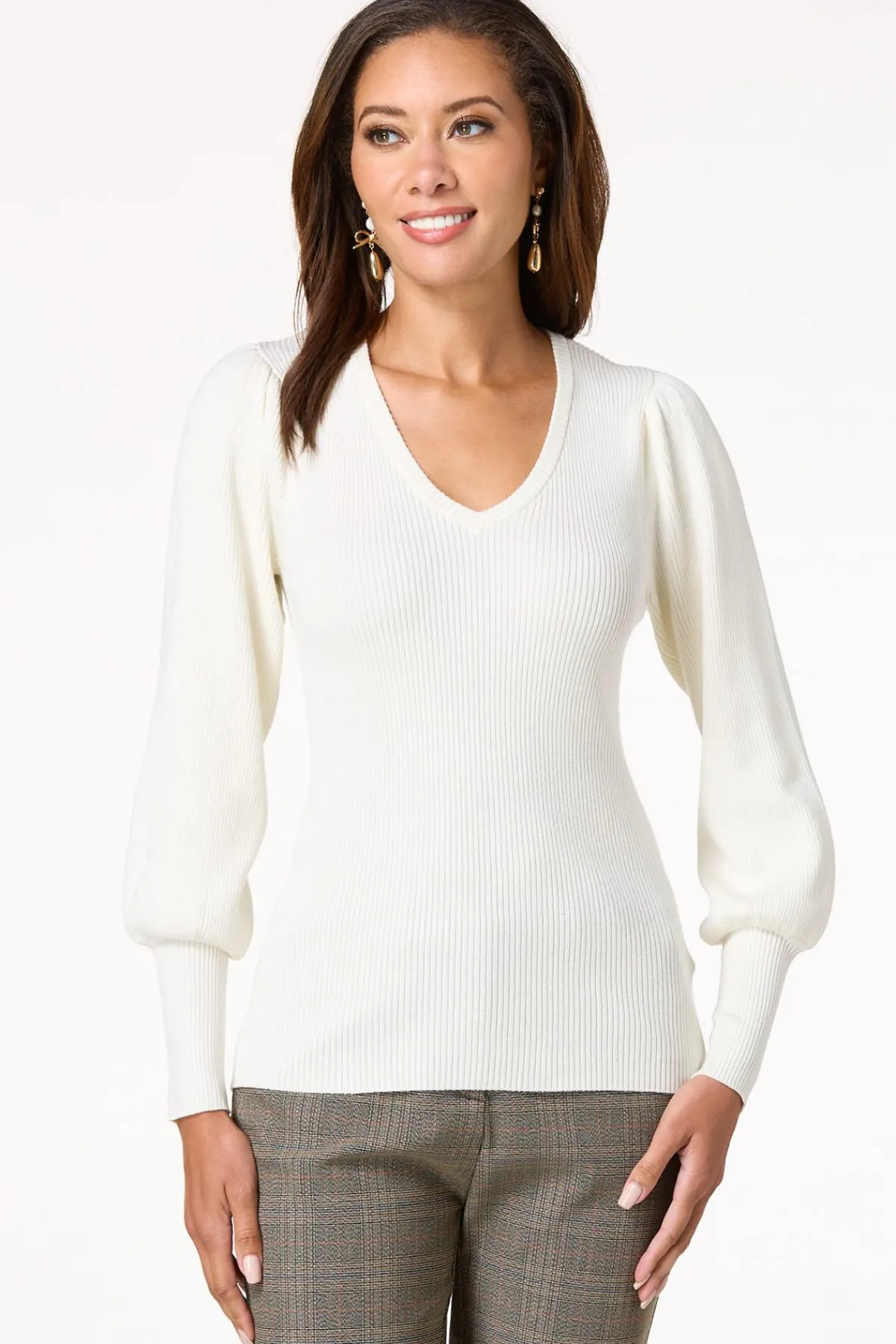 Cato Ribbed Puff Sleeve Sweater> Sweaters