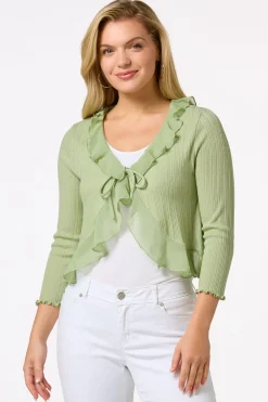 Cato Ribbed Ruffled Trim Cardigan> Tops