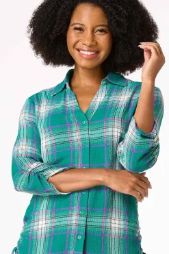 Cato Ruched Plaid Shirt><noscript><img width=