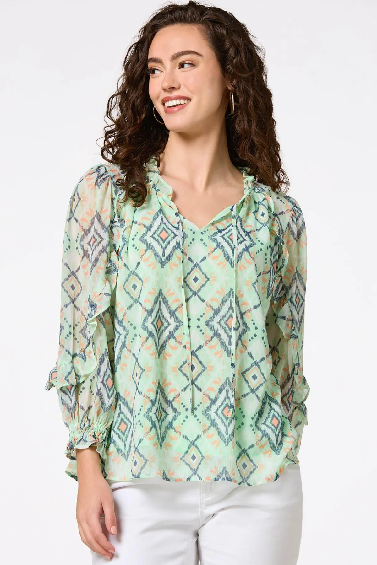 Cato Ruffled Aztec Print Top> Tops