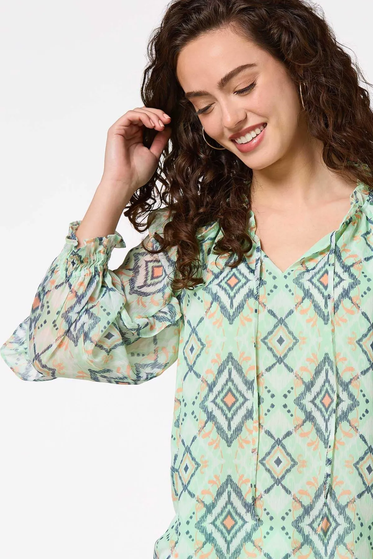 Cato Ruffled Aztec Print Top> Tops