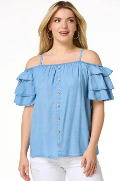 Cato Ruffled Cold Shoulder Top> Tops
