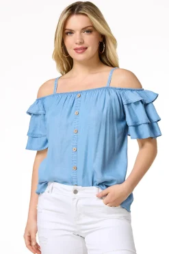 Cato Ruffled Cold Shoulder Top><noscript><img width=