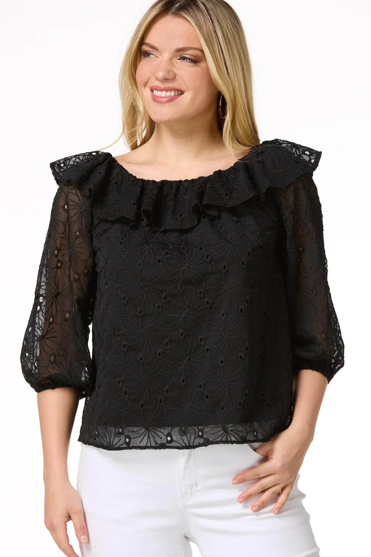 Cato Ruffled Eyelet Poet Top> Tops