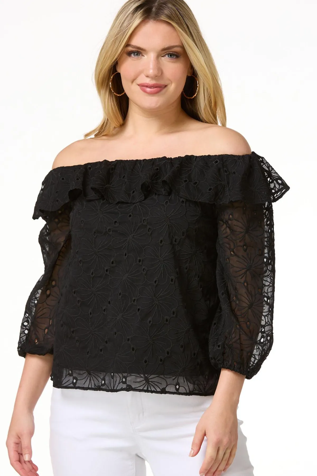 Cato Ruffled Eyelet Poet Top> Tops