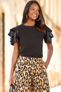 Cato Ruffled Faux Leather Sleeve Tee> Tops