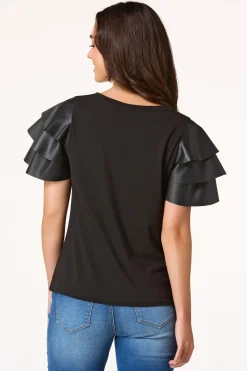 Cato Ruffled Faux Leather Sleeve Tee><noscript><img width=