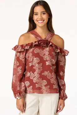 Cato Ruffled Metallic Floral Top> Tops