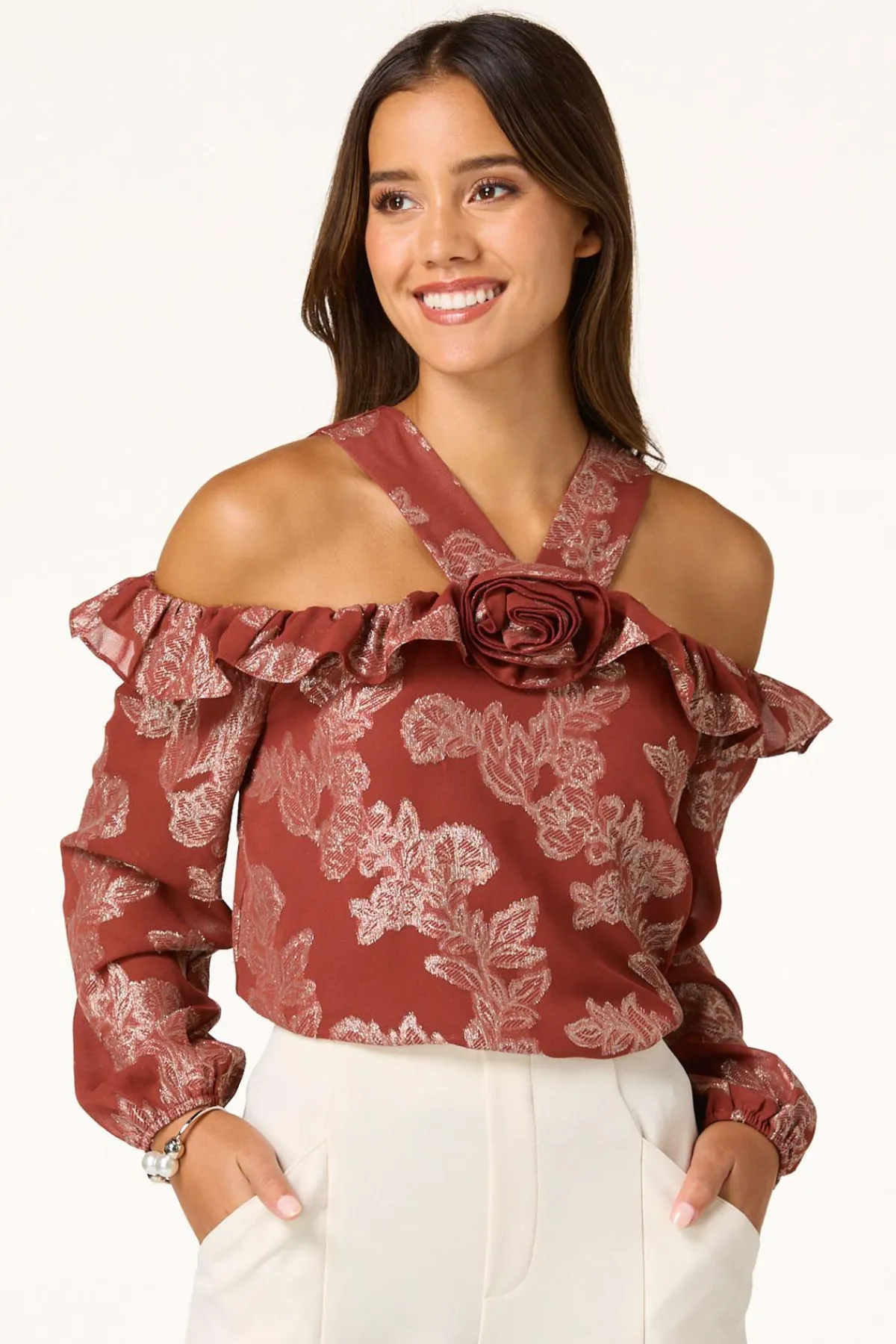 Cato Ruffled Metallic Floral Top> Tops