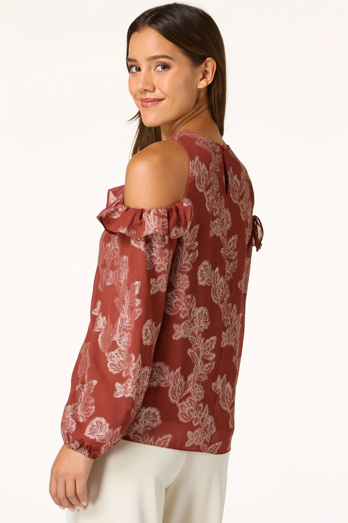 Cato Ruffled Metallic Floral Top> Tops