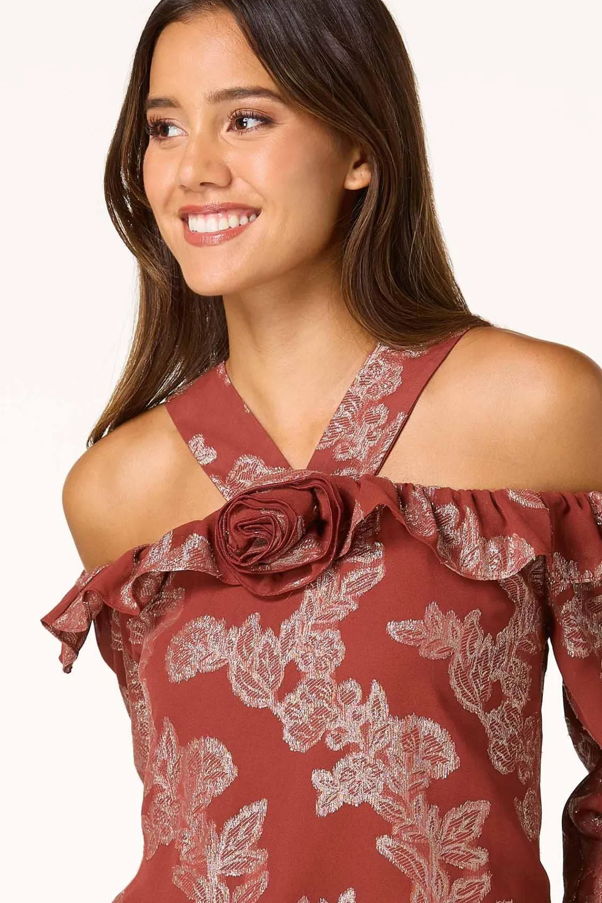 Cato Ruffled Metallic Floral Top> Tops