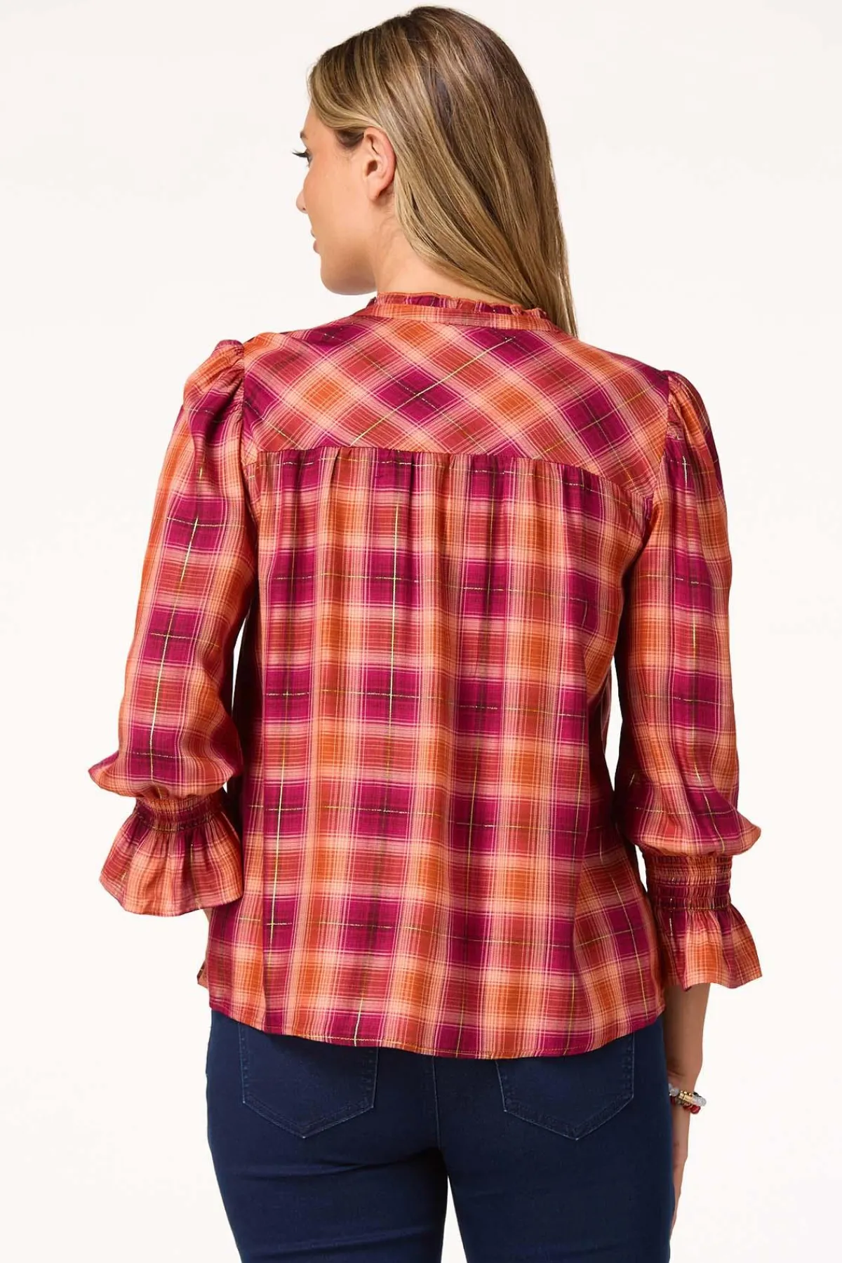 Cato Ruffled Plaid Top> Tops