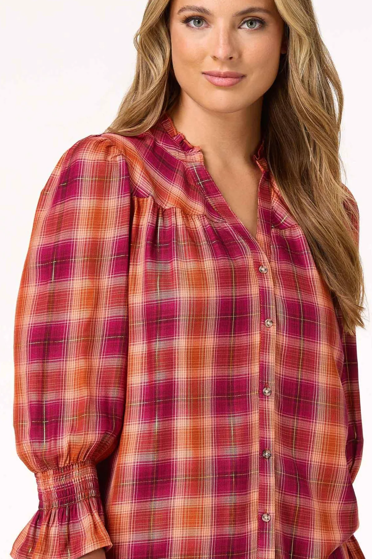 Cato Ruffled Plaid Top> Tops