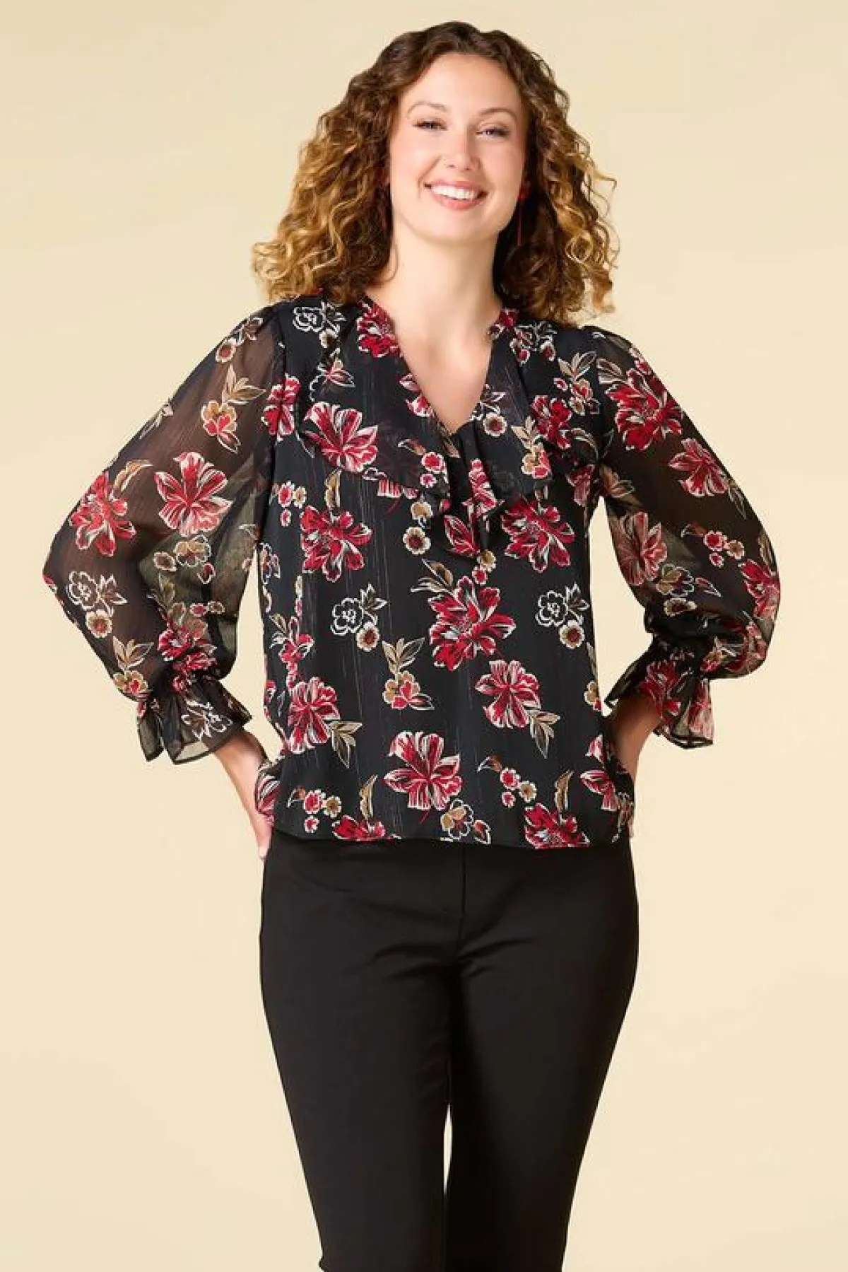 Cato Ruffled Red Floral Top> Tops
