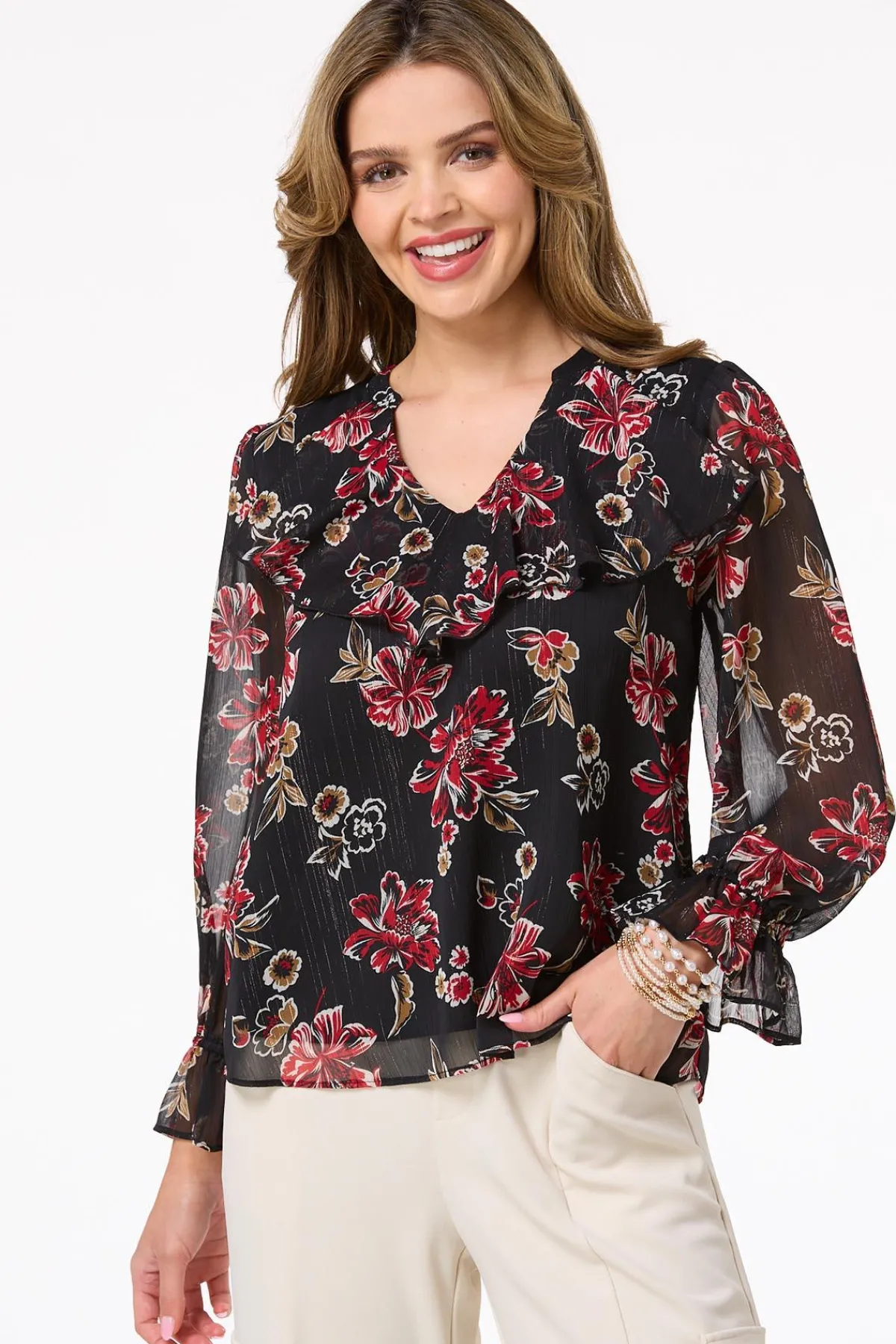 Cato Ruffled Red Floral Top> Tops