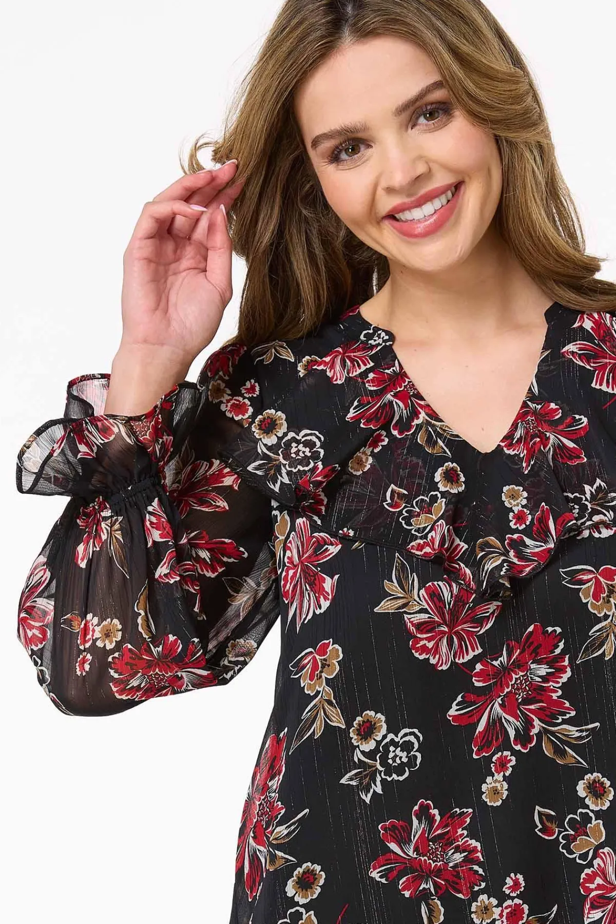 Cato Ruffled Red Floral Top> Tops
