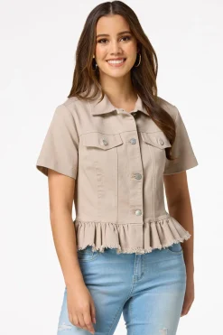 Cato Ruffled Short Sleeve Denim Jacket><noscript><img width=