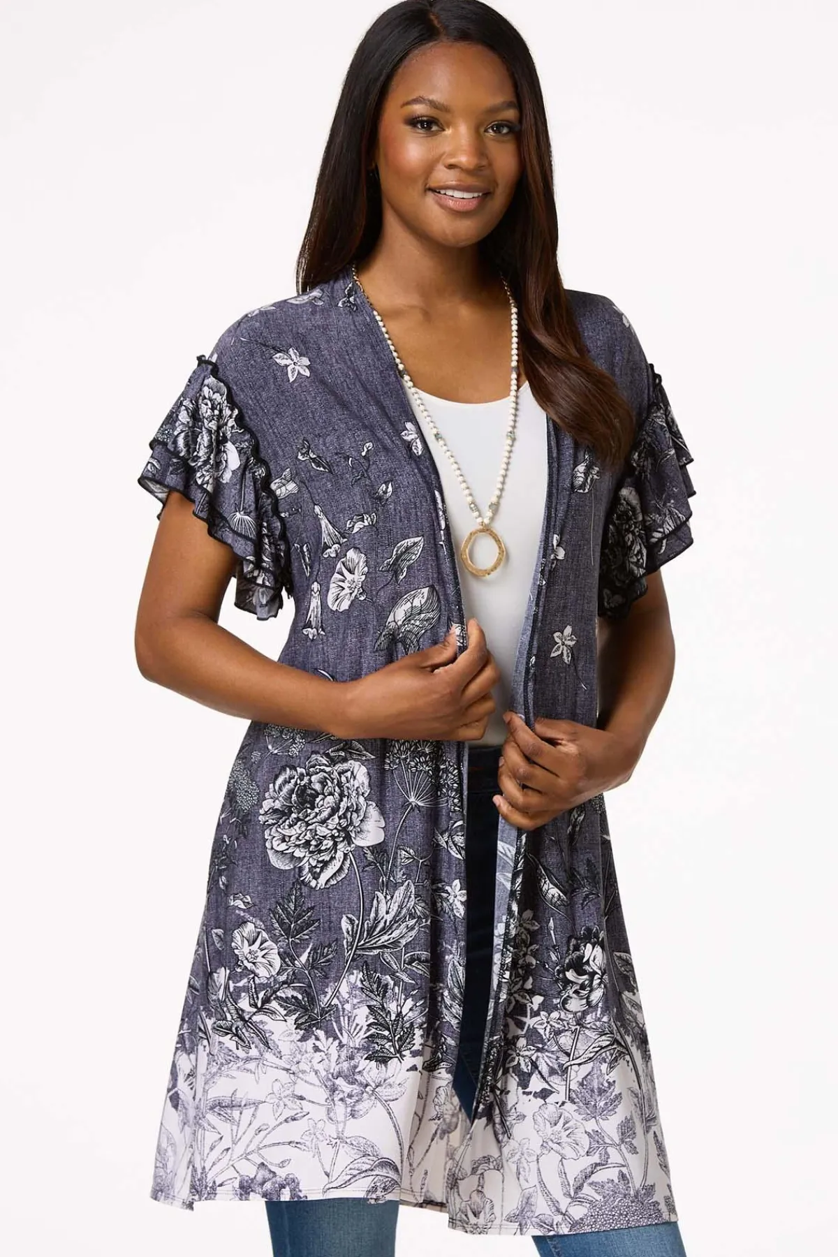 Cato Ruffled Sketch Floral Kimono> Tops