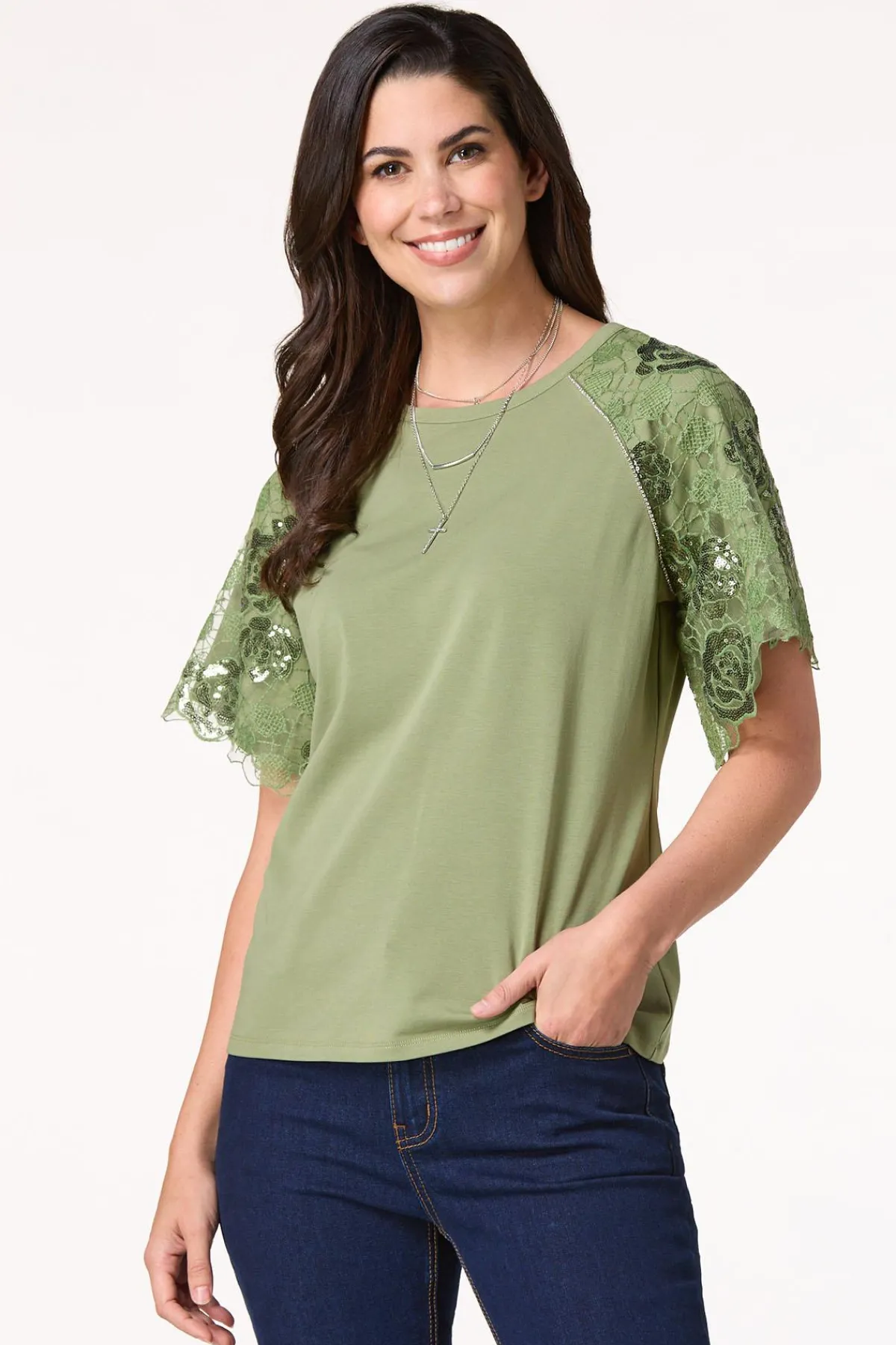 Cato Sequin Lace Sleeve Top> Tops