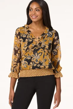 Cato Smocked Gold Floral Top> Tops