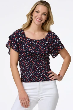 Cato Smocked Navy Floral Top><noscript><img width=