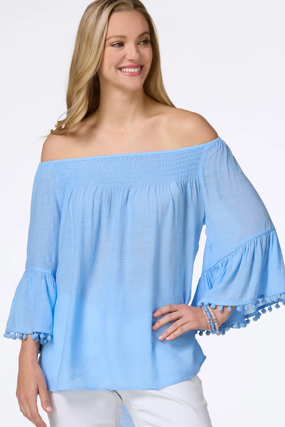 Cato Smocked Pom Sleeve Poet Top> Tops