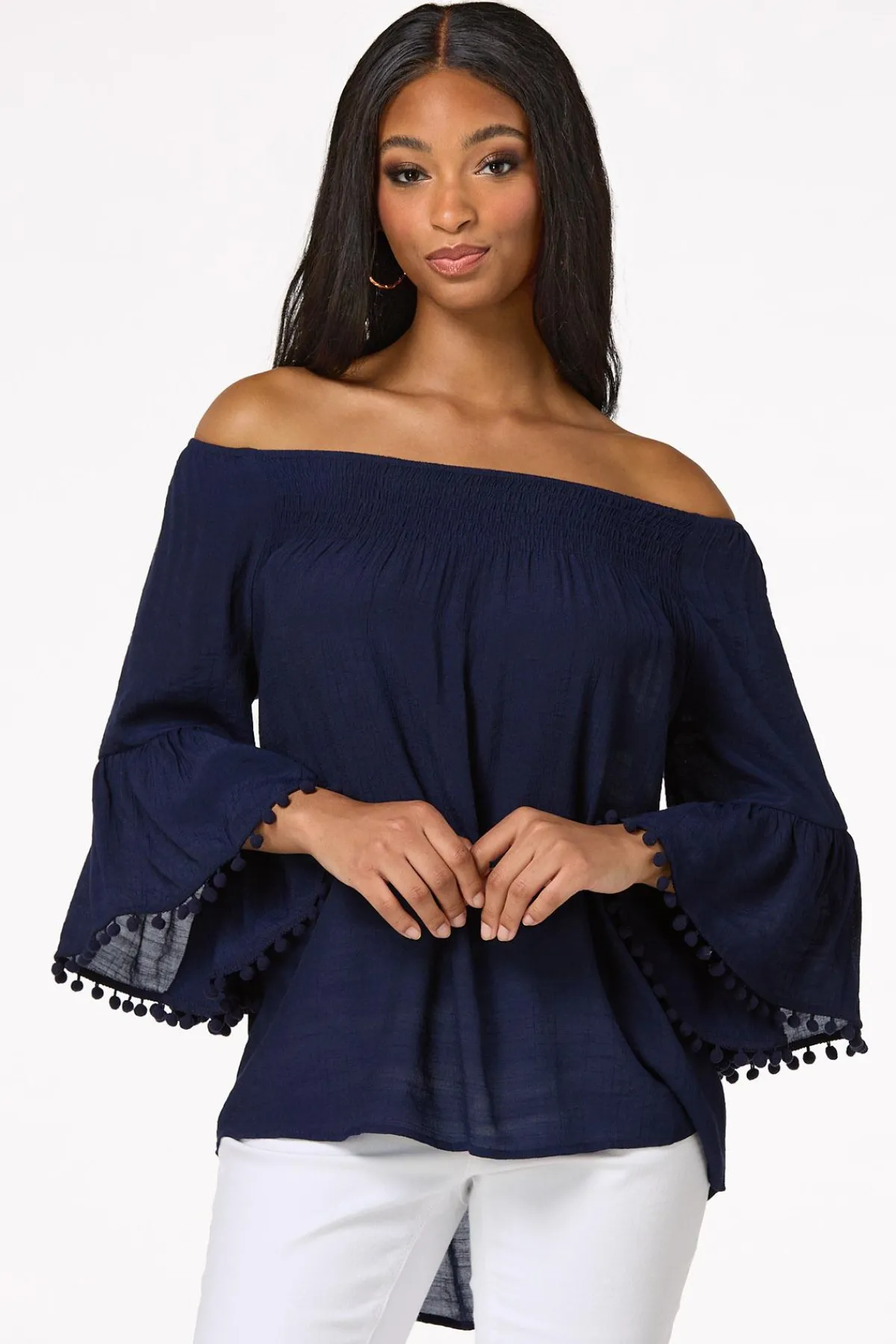 Cato Smocked Pom Sleeve Poet Top> Tops
