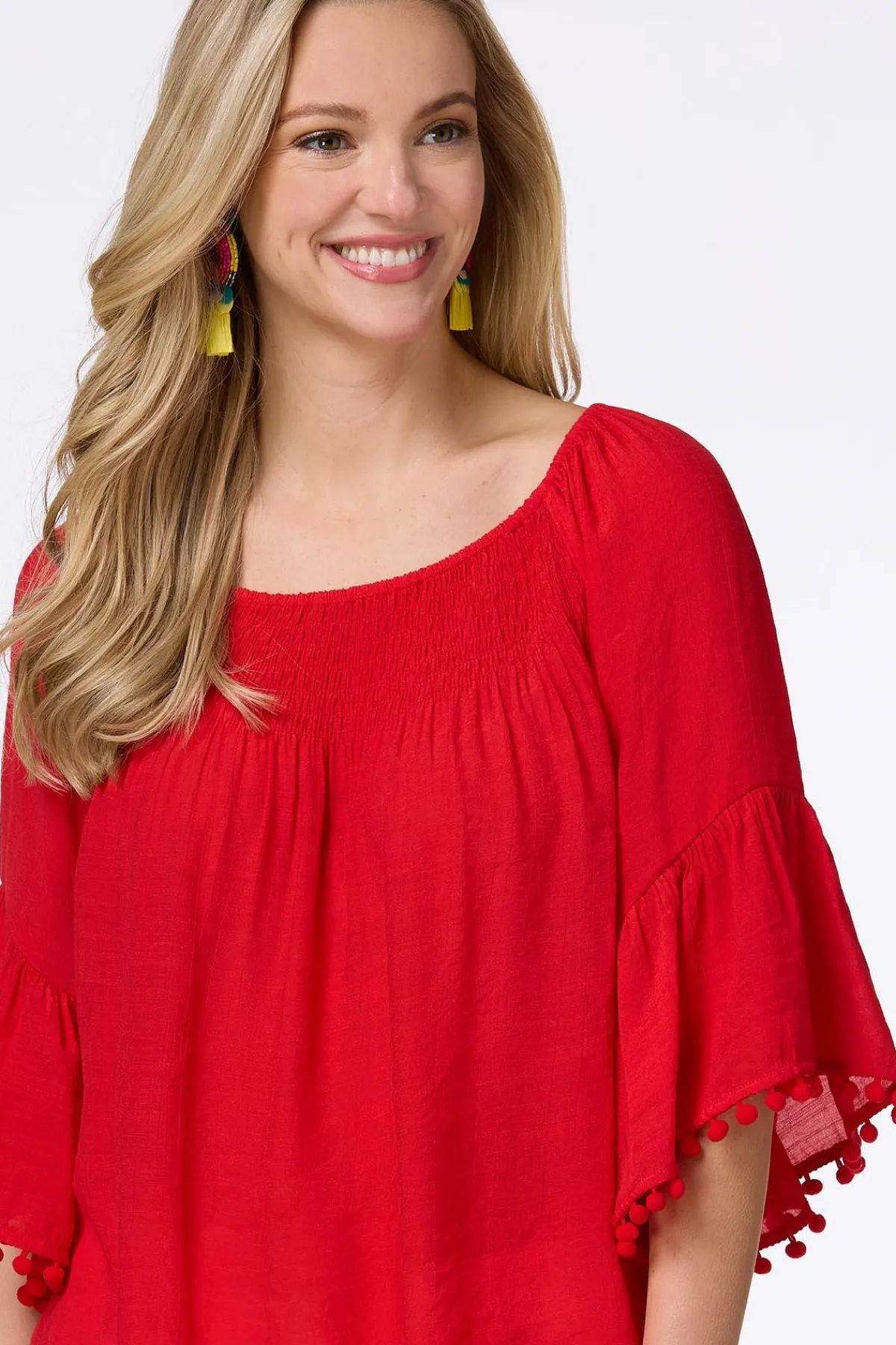 Cato Smocked Pom Sleeve Poet Top> Tops