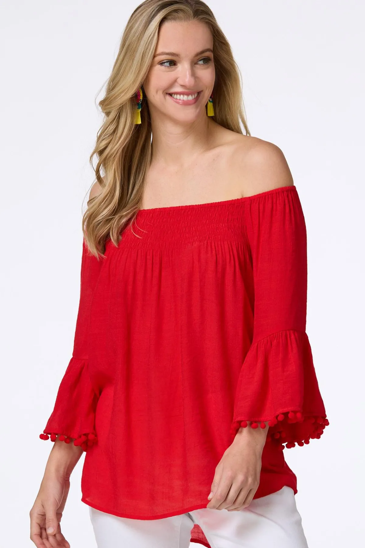 Cato Smocked Pom Sleeve Poet Top> Tops