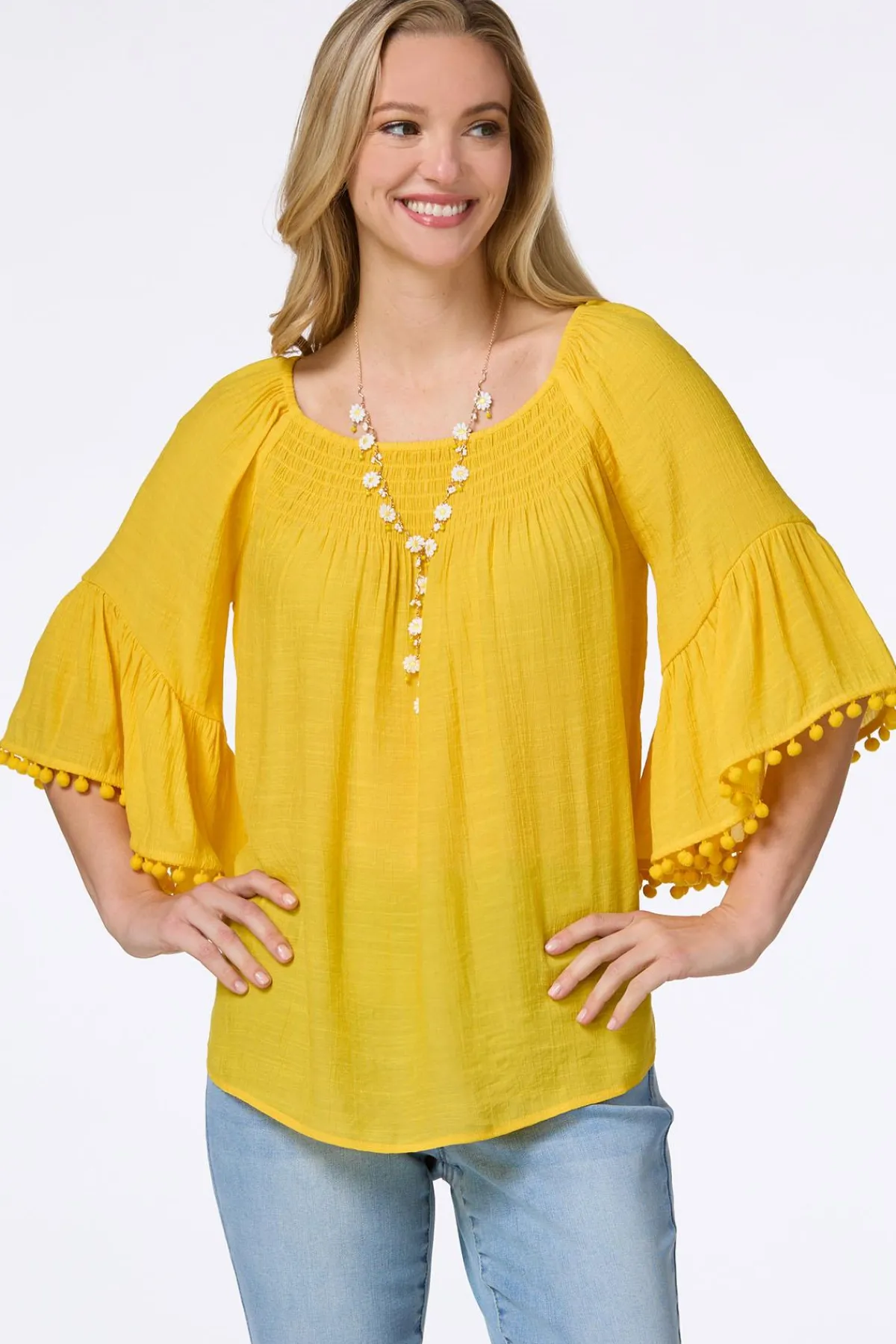 Cato Smocked Pom Sleeve Poet Top> Tops