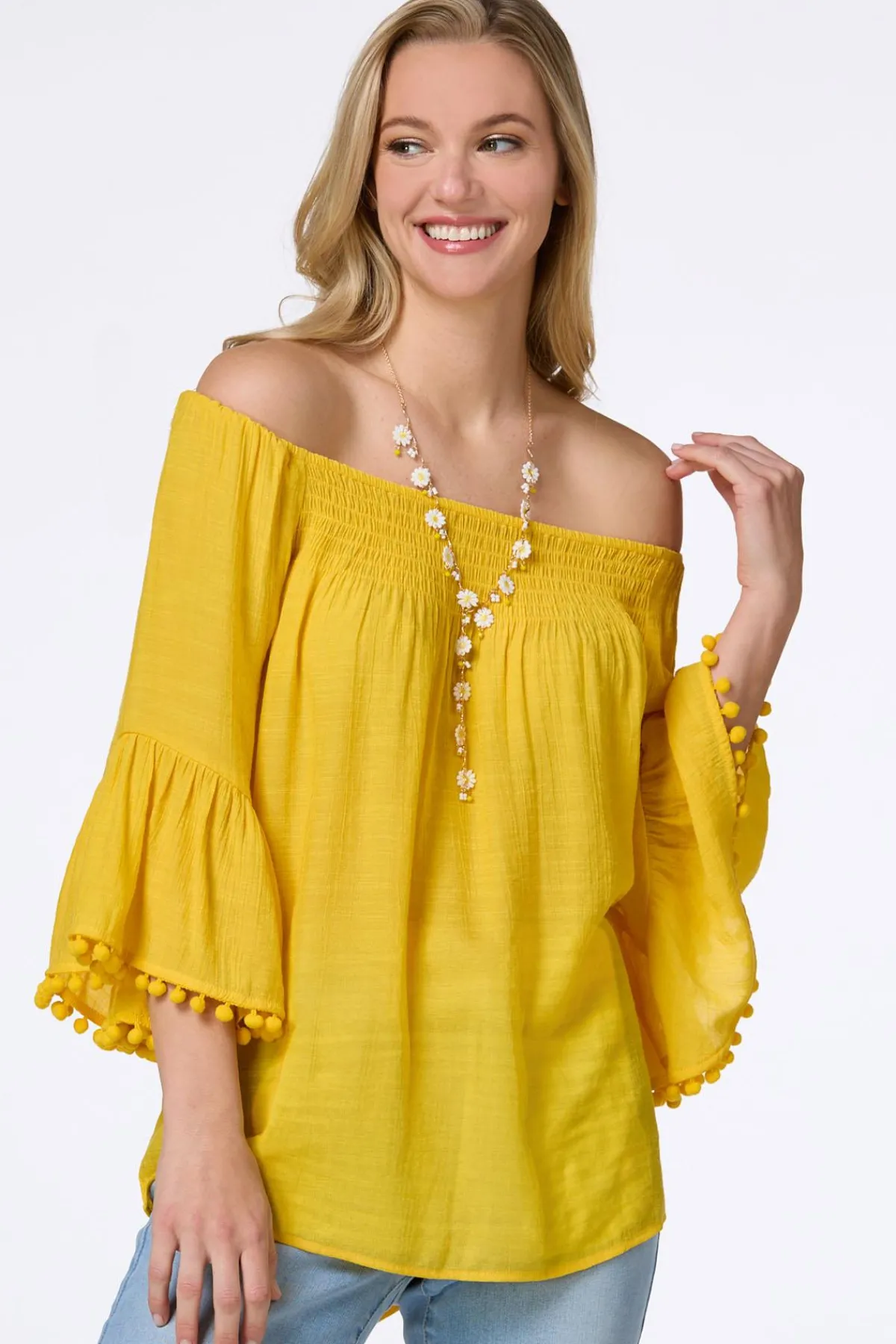 Cato Smocked Pom Sleeve Poet Top> Tops