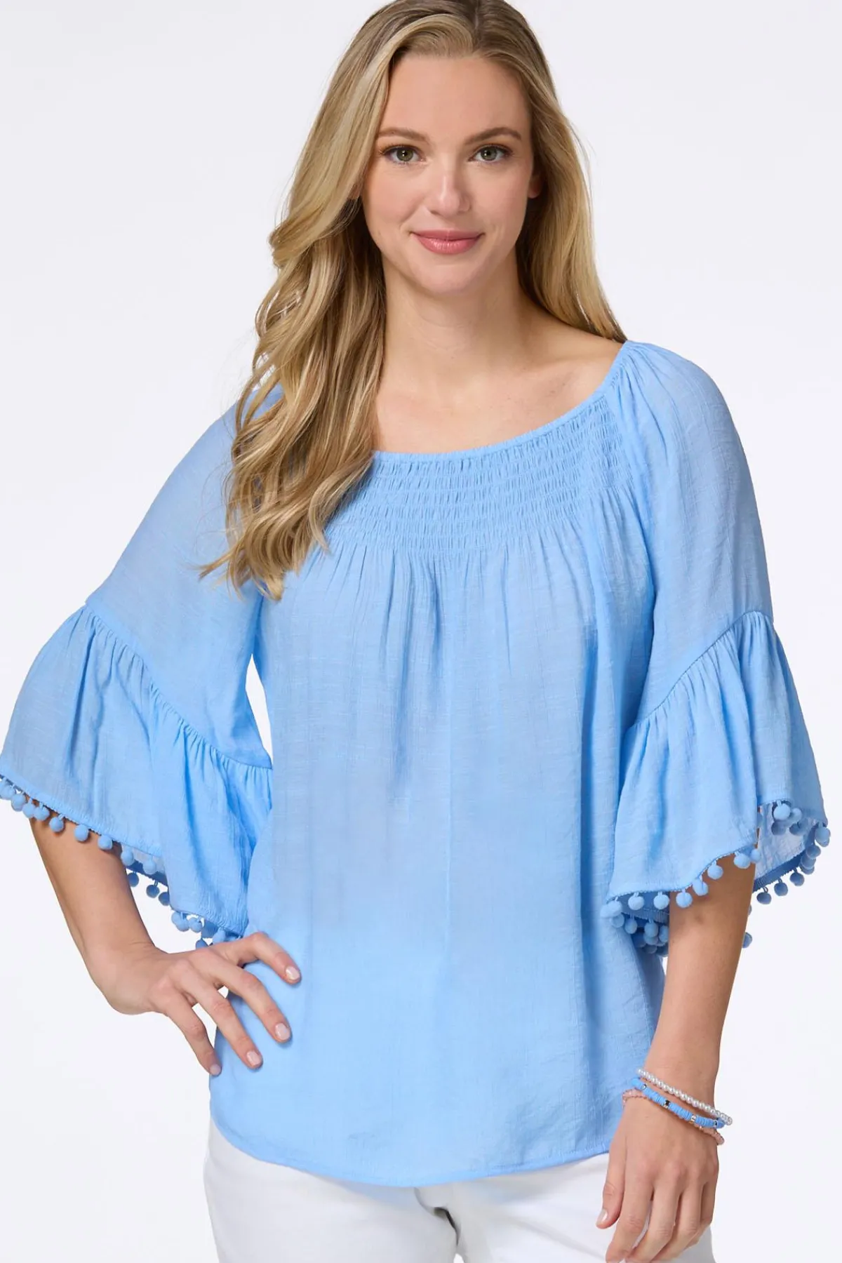 Cato Smocked Pom Sleeve Poet Top> Tops