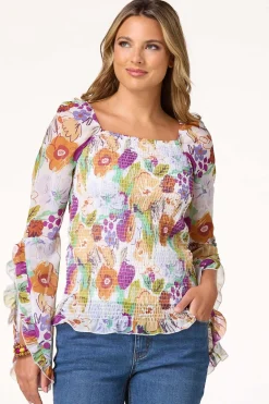 Cato Smocked Romantic Floral Top> Tops