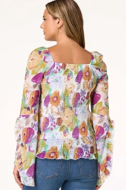 Cato Smocked Romantic Floral Top> Tops