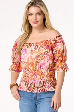 Cato Smocked Sunrise Floral Top><noscript><img width=