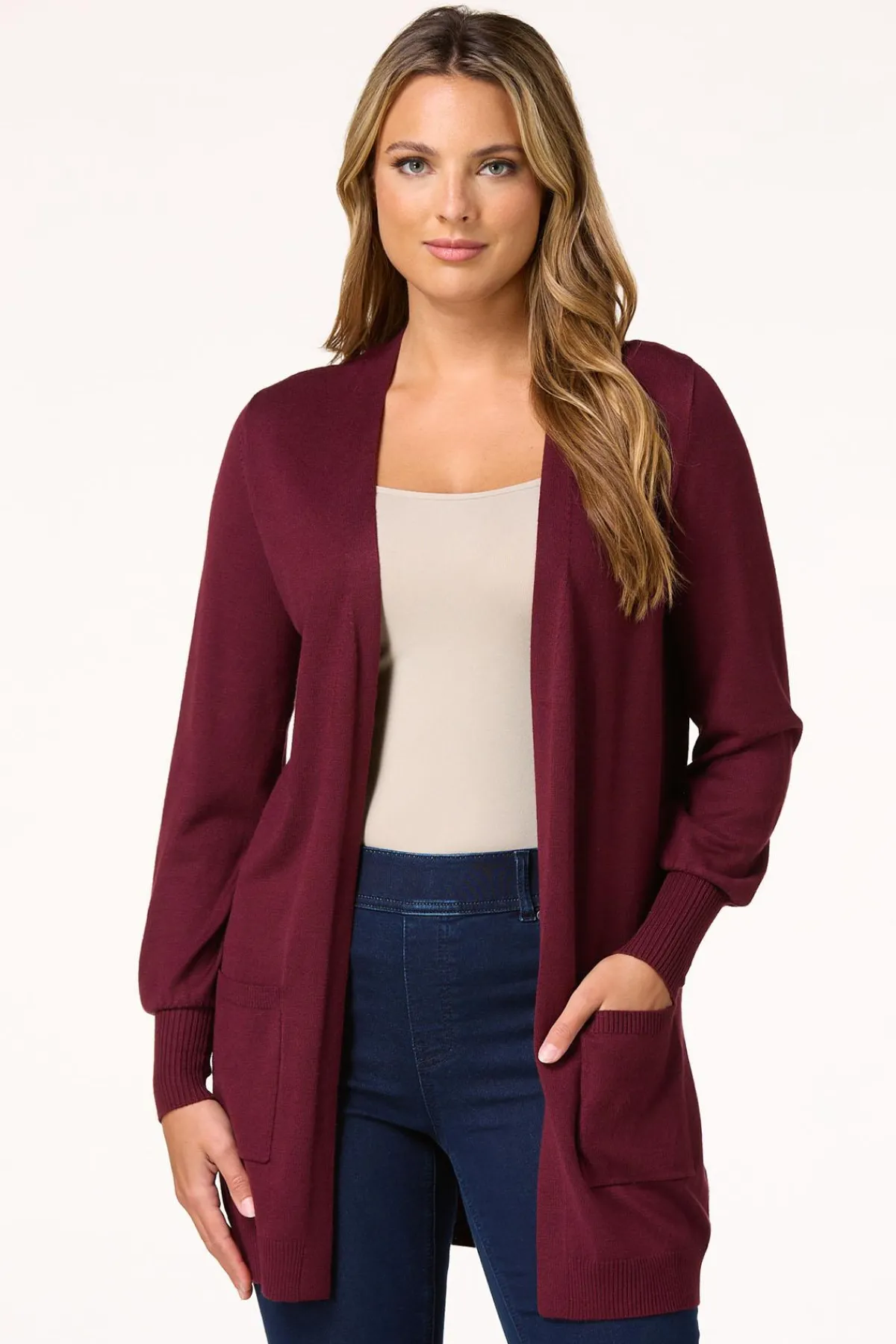 Cato Solid Balloon Sleeve Cardigan> Sweaters