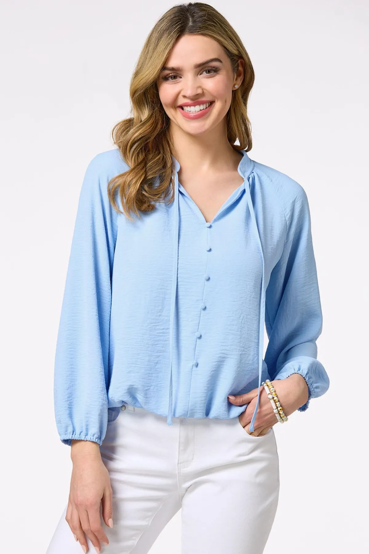 Cato Solid Bubble Hem Popover Top> Tops