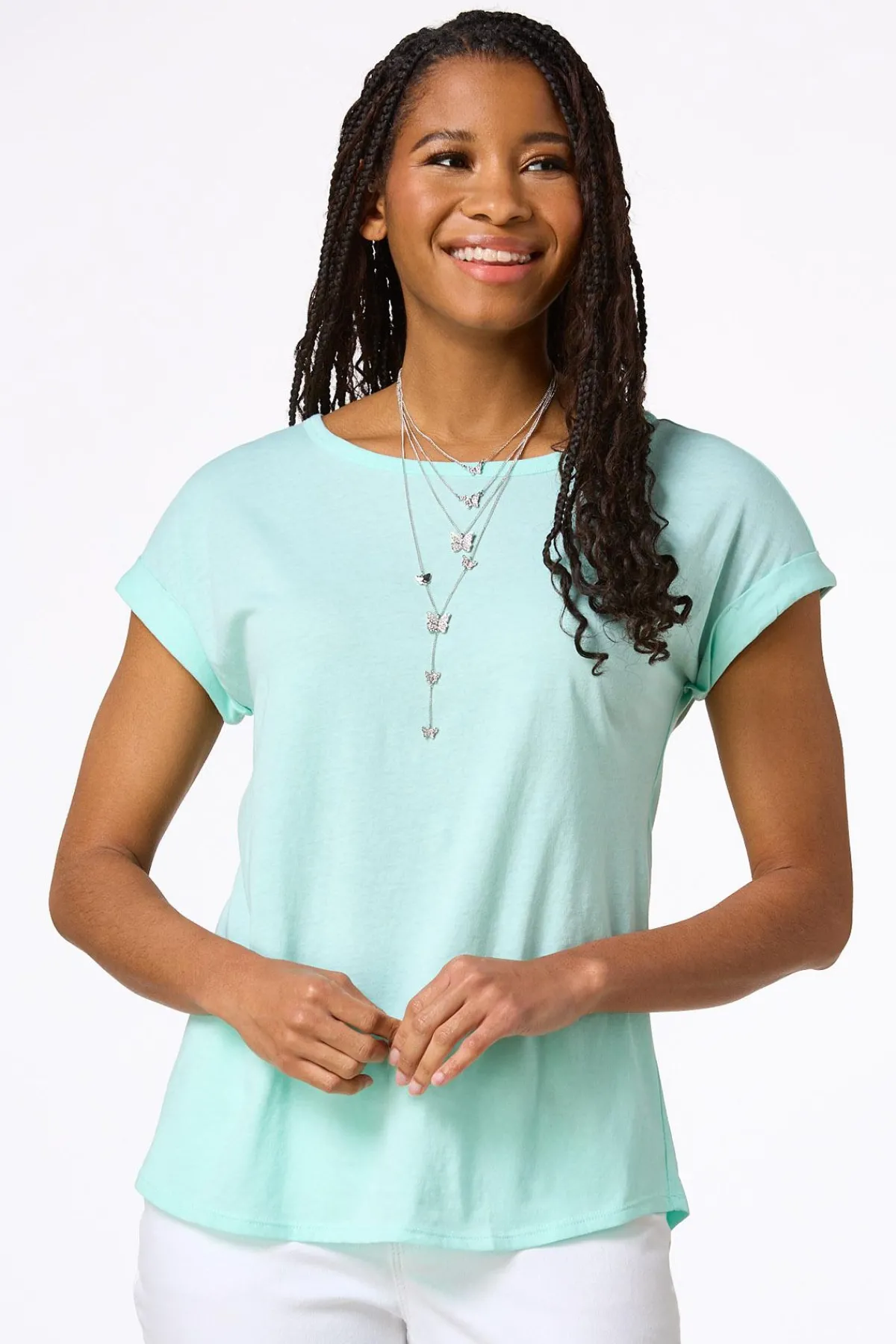 Cato Solid Rolled Cuff Tee> Tops