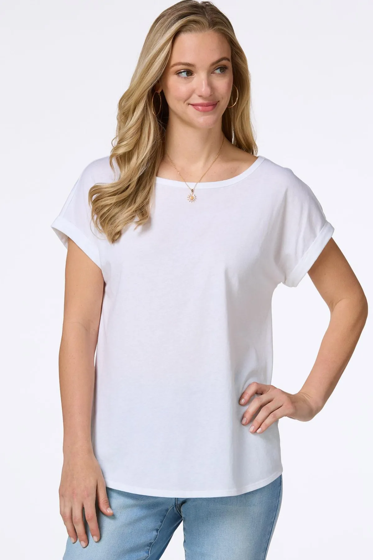 Cato Solid Rolled Cuff Tee> Tops