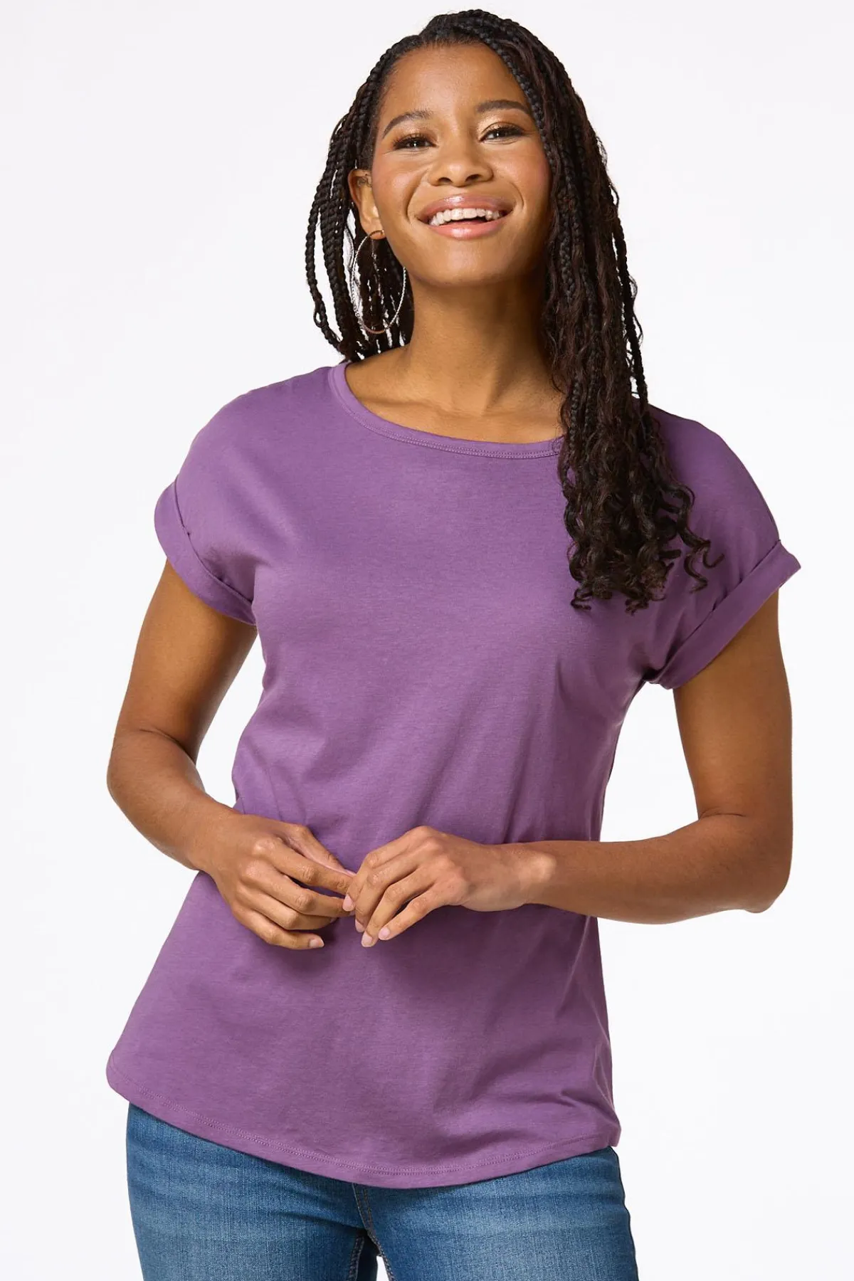 Cato Solid Rolled Cuff Tee> Tops