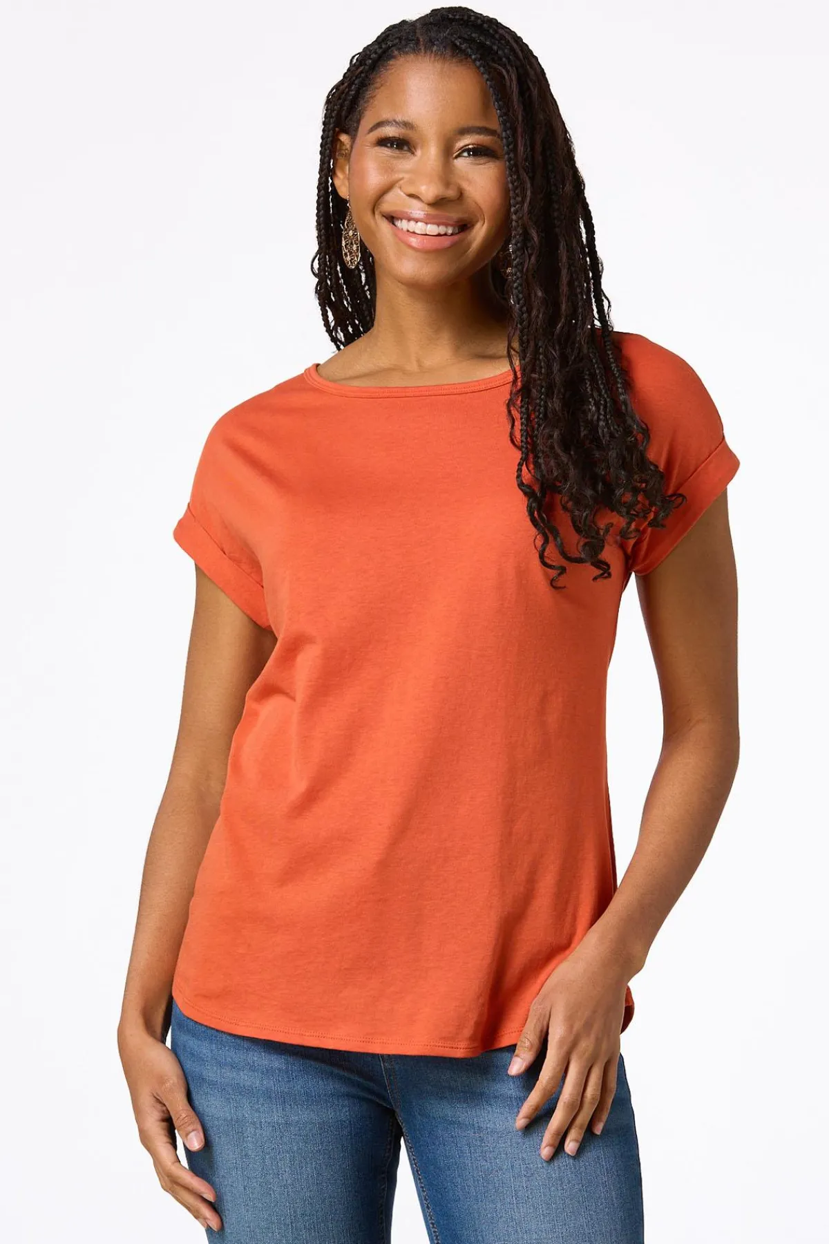 Cato Solid Rolled Cuff Tee> Tops