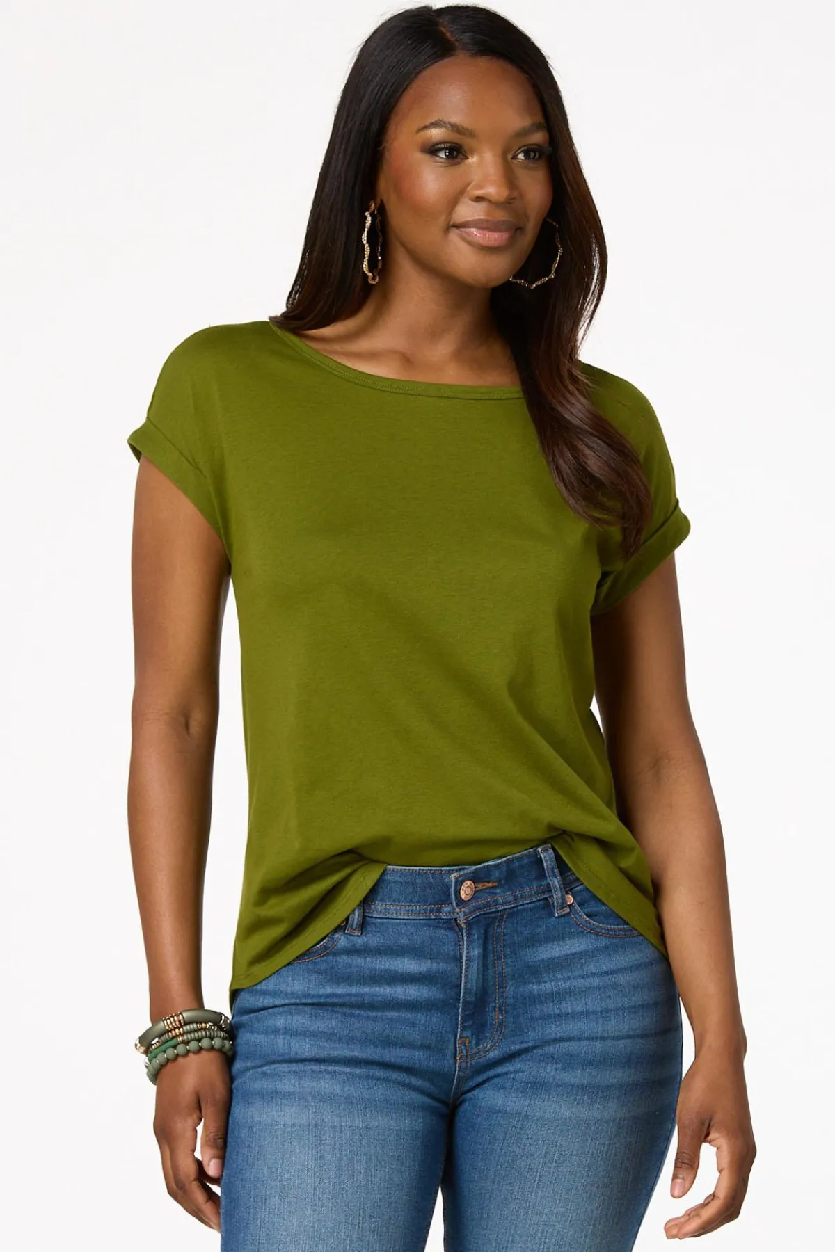 Cato Solid Rolled Cuff Tee> Tops