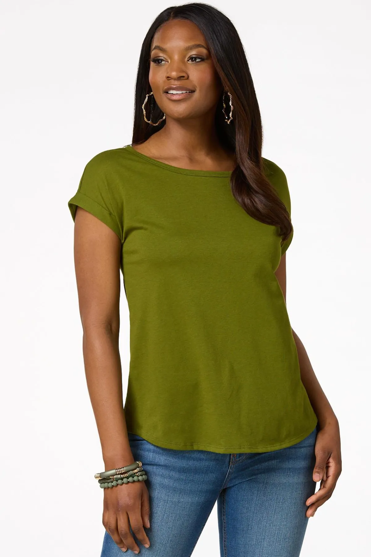 Cato Solid Rolled Cuff Tee> Tops