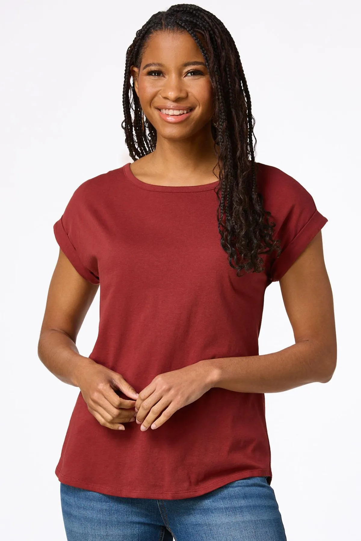 Cato Solid Rolled Cuff Tee> Tops