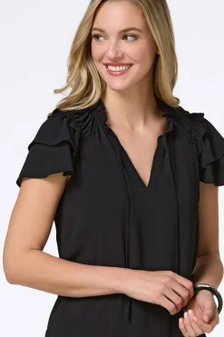 Cato Solid Ruffled Crepe Top><noscript><img width=