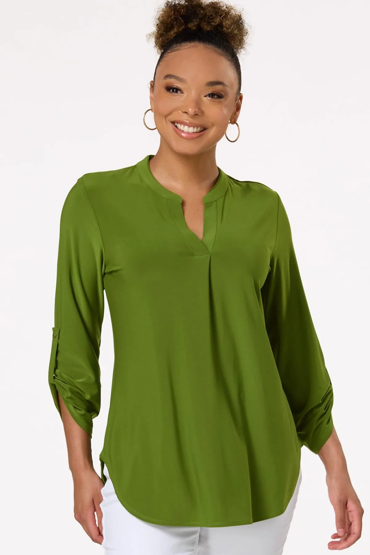 Cato Solid Split V- Neck Top> Tops