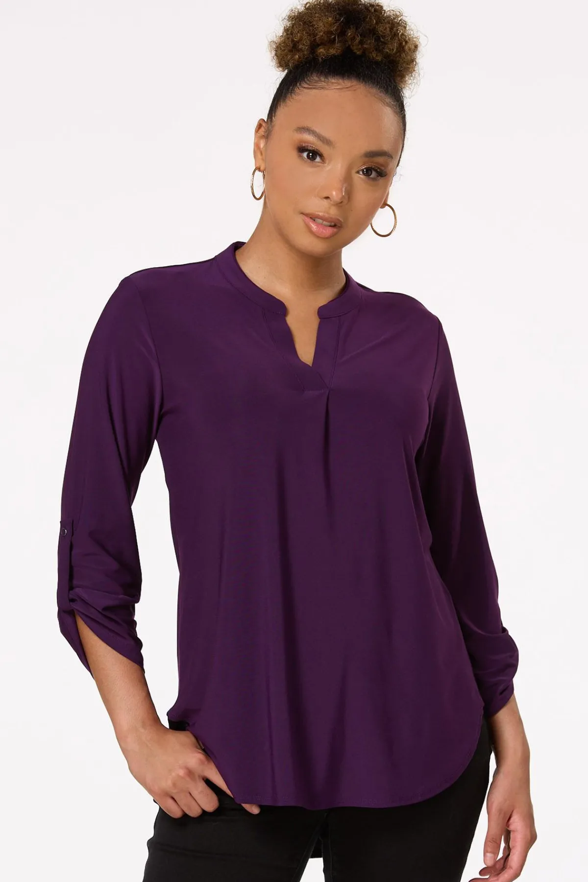 Cato Solid Split V- Neck Top> Tops